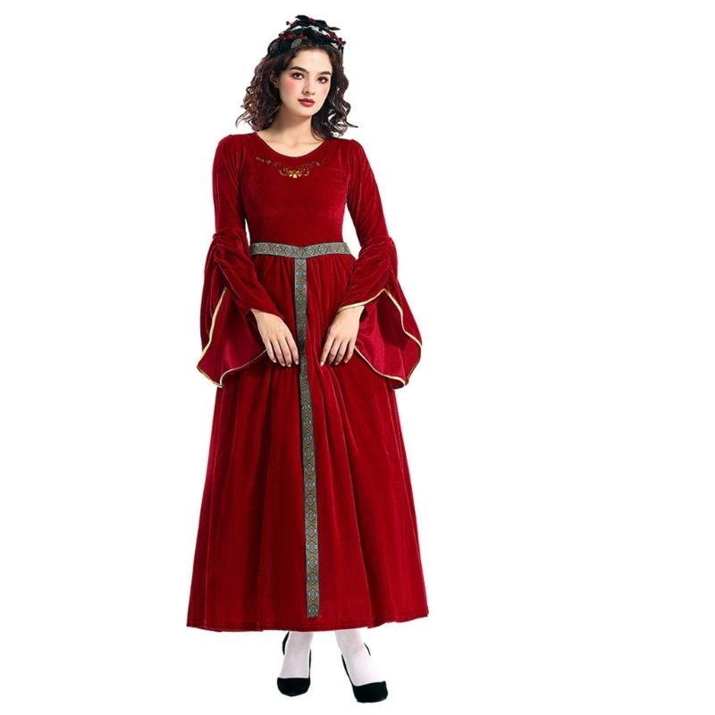 Women Medieval Dress With Headpiece, Medieval Dress Up Costume Trumpet Sleeve Medieval Gown for Women Masquerade S красный