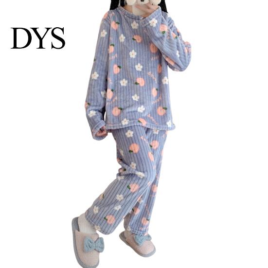 Lady Loungewear 2 Pcs/Set Women Winter Pajamas Set Round Neck Cartoon Bear And Peach Pattern Cozy Long Sleeve Coral Fleece Homewear Top Pants