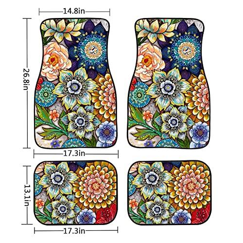 Universal Fit Auto Carpet Floor Mats Set of 4 for Women Girls Decorative Boho Floral Print Car Floor Mats Front & Rear Liners Set