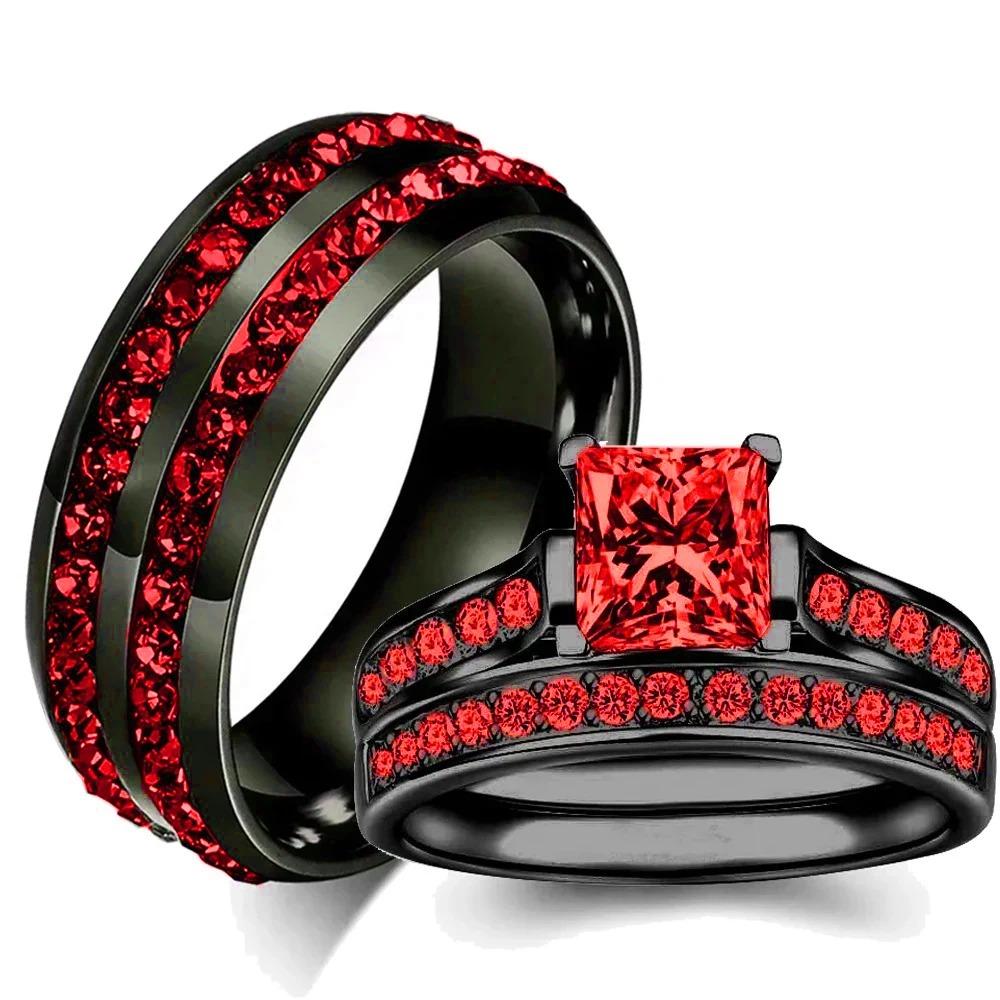 Fashion Couple Rings Romantic Red Rhinestones CZ Women Rings Set Trendy Men Stainless Steel Zirconia Ring Wedding Band Jewelry