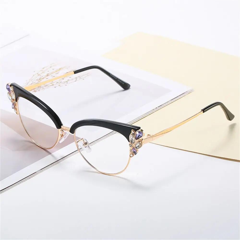 Fashion Style Luxury Design Diamond-studded Anti-blue Glasses Women's Vintage Style Cat Eye Eyeglasses Glasses Frame Trend Personality Flat Mirror