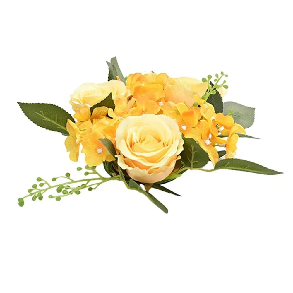 

20cm Candle Holder Artificial Rose Flowers Garland Candlestick Wreath Wedding Floral Party Dining Table Arrangement Decor жёлтый