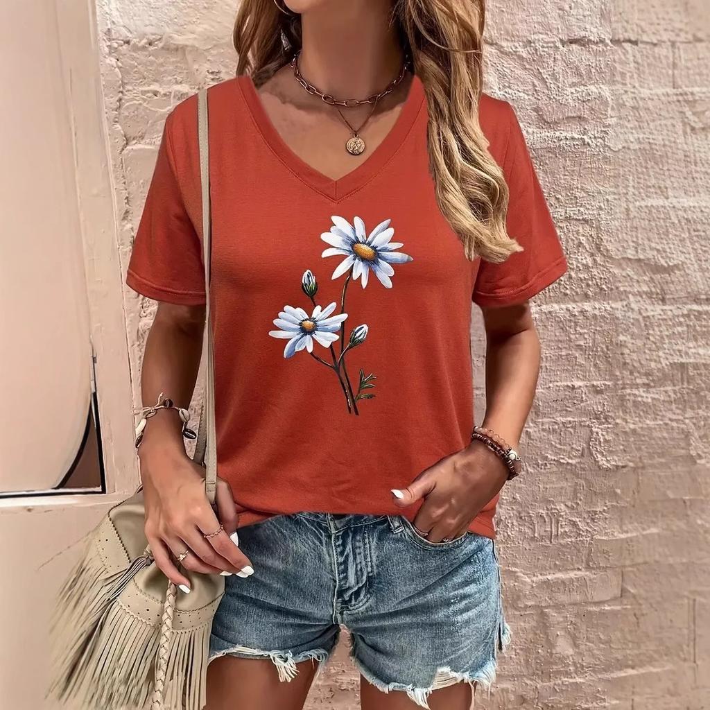 Minimalistiska blommiga 3D-tryckta t-shirts för kvinnor, high street, lösa, andningsbara, vardagliga t-shirts med V-hals och korta ärmar
