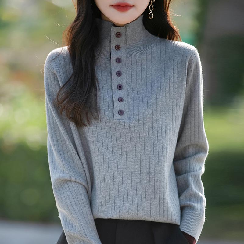 Women's Knitted Sweater with Turn-Down Collar - Two-Piece Illusion, Long Sleeve, Loose Fit, Slimming Design for Autumn/Winter.