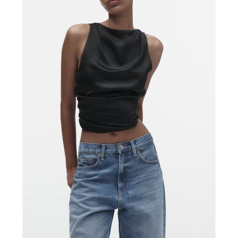 Spring NEW round Neck Sleeveless Sexy Bow Vest Open Back Silk Satin Texture Tops 2442650