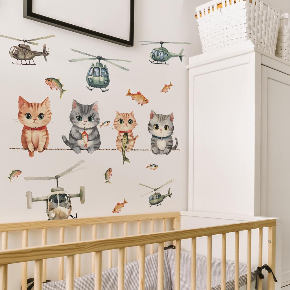 Playful Cartoon Kitten In Flying Helicopter Wall Sticker Cute Adventure Self-Adhesive Decor for Kids Room Nursery Bedroom Living Room