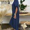 HNXC Sommer-Jeanskleid für Damen, lässig, frühlingsblau, Maxi-Kleider, V-Ausschnitt, halbe Ärmel, Übergröße, lange Kleider mit Schlitz