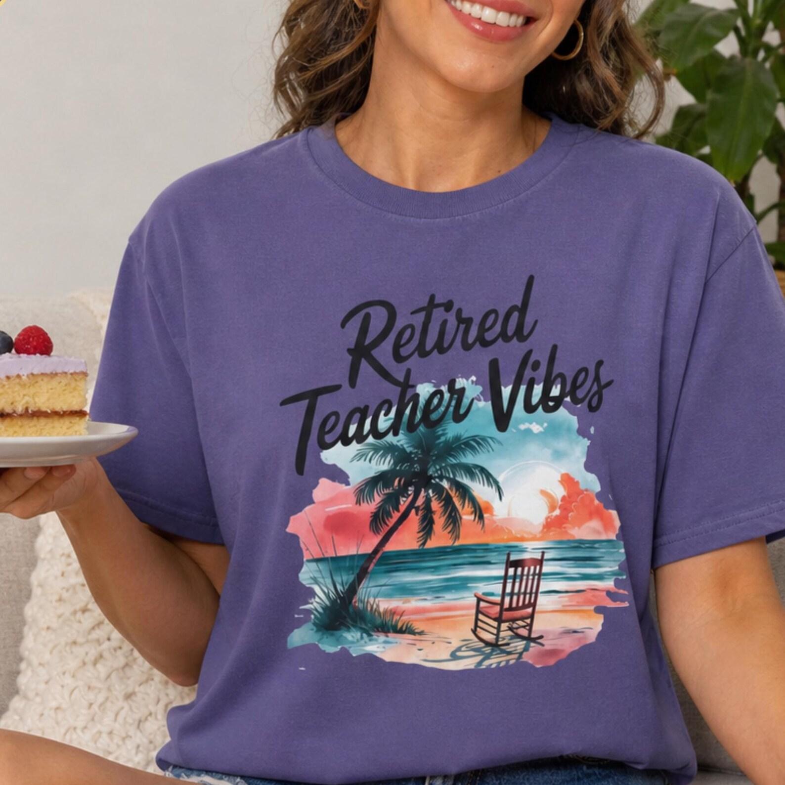 Retired Teacher Vibes Comfort Colors T-shirt, Beach Sunset Graphic Tee, Retirement Gift, Unisex Garment-Dyed Shirt, Teacher Appreciation S
