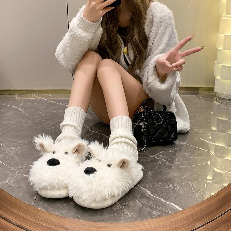 

Cute Dog Slippers Women Winter Home Indoor Thick-soled Slippers Warm Fur Cotton Women s Shoes Casual Soft Sole White Slides Shoe 36-37 белый