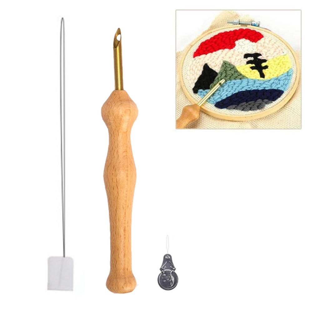 Knitting Embroidery Pen Punch Needle Threader Set DIY Wooden Handle Weaving Sewing Felting Craft Needle Threader Set