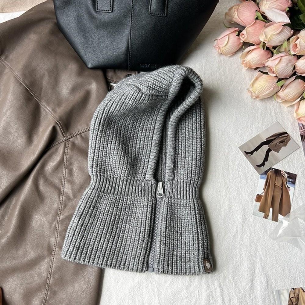 Thickened Wool Knit Hood Hat with Zipper Neck Warmer Pullover Snood Snow Beanie Cap  Winter Outdoor