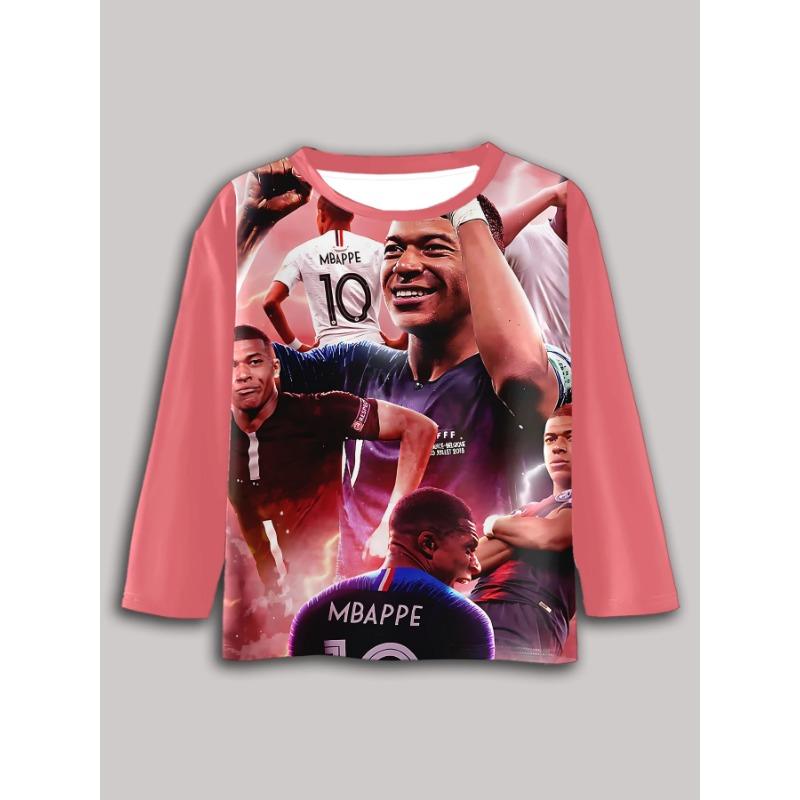 Spring and Autumn Round Neck 3D Football Star Kylian Mbappé Pattern Printed Top Fashionable Casual Long Sleeved Children's Boy T-shirts