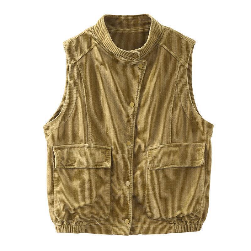 Gilet Vintage in Velluto a Coste con Collo Alto da Donna Gilet Giacca Versatile a Spalla in Velluto a Righe a Colore Solido Largo