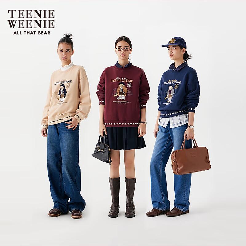 Teenie Weenie Women's Bear Plaid Patchwork Round Neck Sweatshirt
