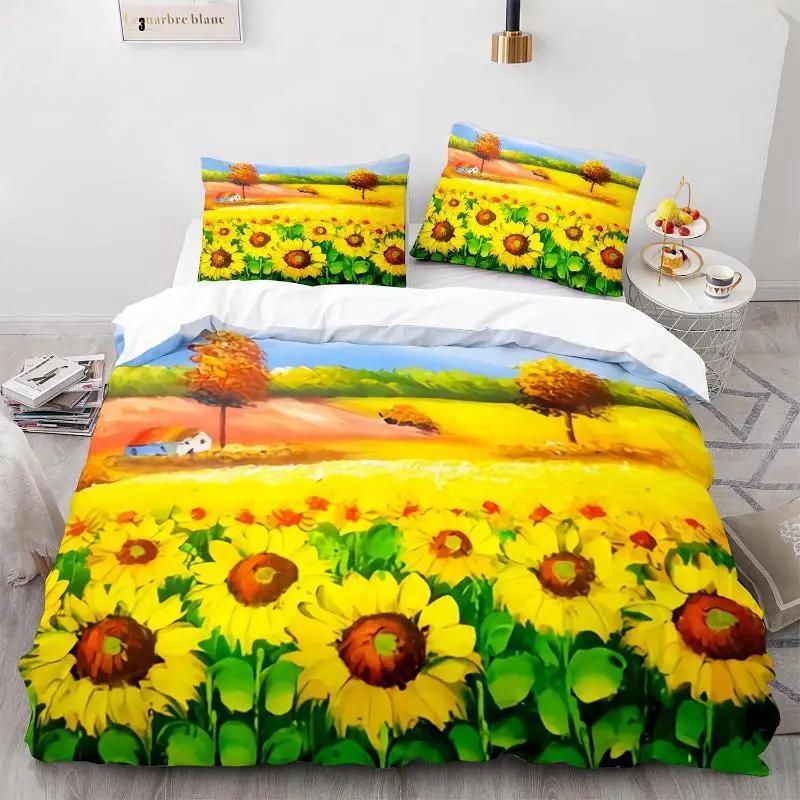 Oil Painting Duvet Cover Set Queen Blooming Sunflowers Twin Bedding Set Blue Sky White Cloud Landscape Polyester Comforter Cover