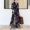 Women's Collar Long Sleeve Maxi Dress Loose Waist Floral Print Linen Shirt Dress