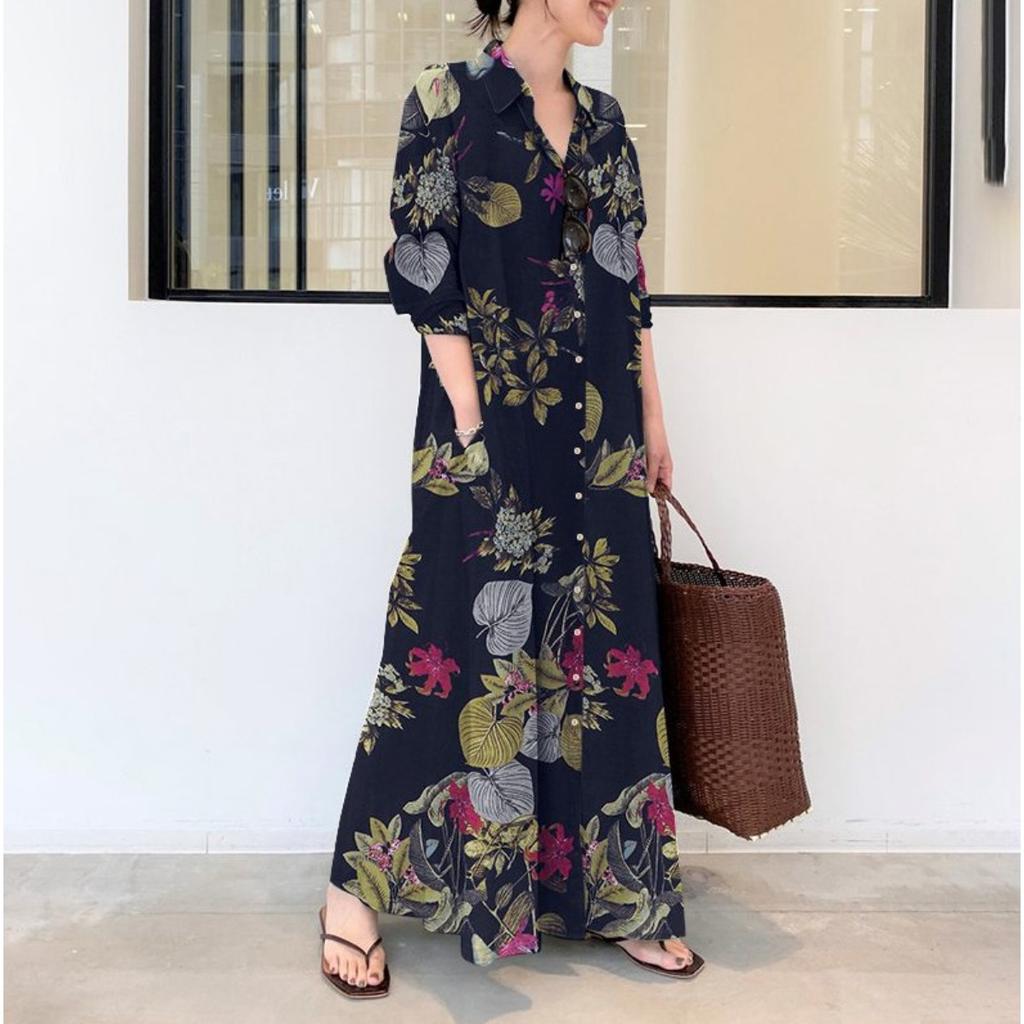 Women's Collar Long Sleeve Maxi Dress Loose Waist Floral Print Linen Shirt Dress
