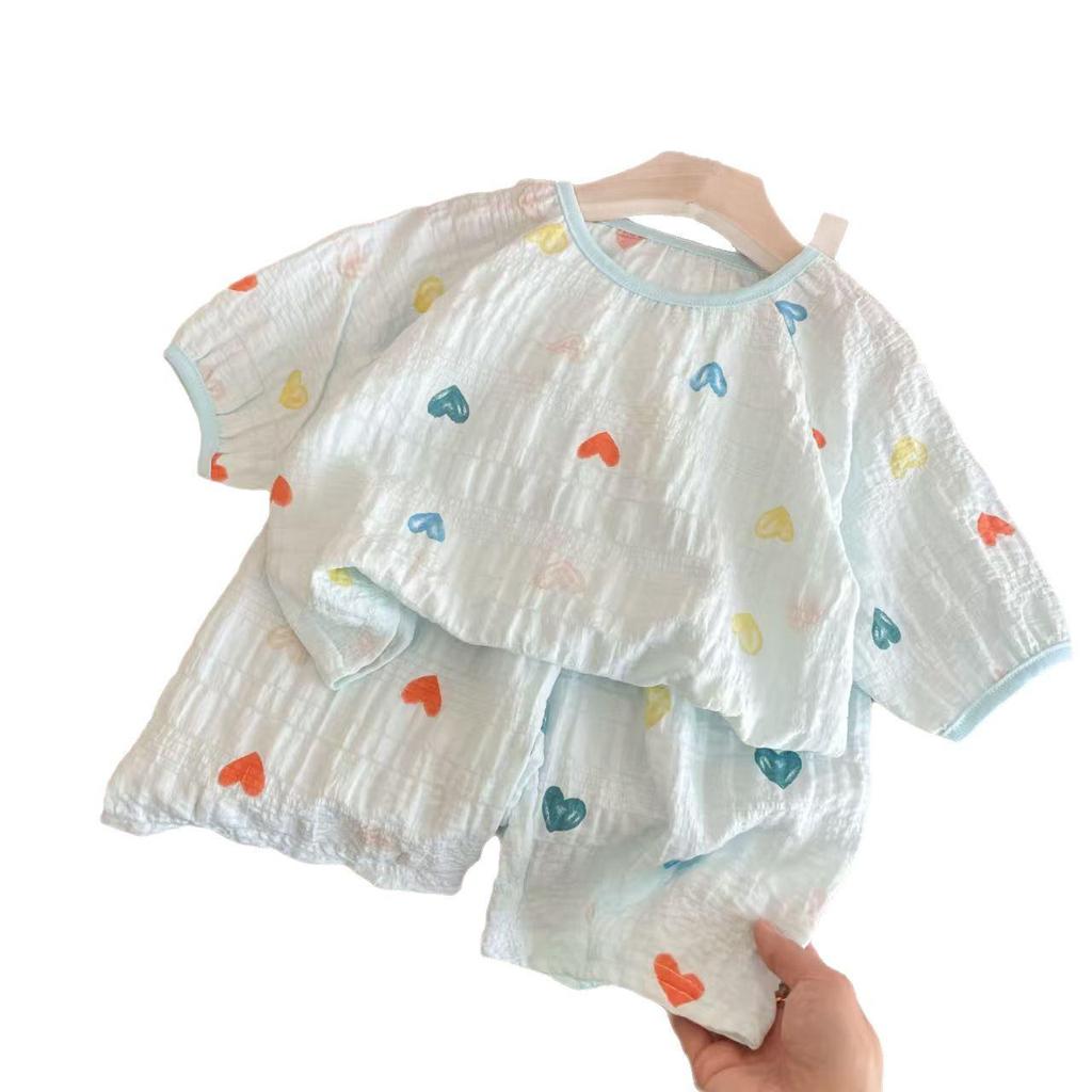 2025 Spring/Summer Girls' Pajama Set: Thin Round Neck, 5-Sleeve, 7/8 Pants, Color Block Design, Perfect for Homewear and Air-Conditioned Rooms