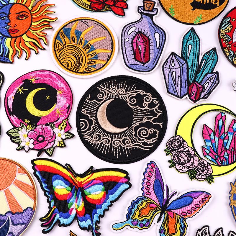 Sun Moon Patch Fox Whale Embroidery Patch Iron On Patches For Clothing Diy Cartoon /Wave Patches For Clothes Jacket Sew Stickers