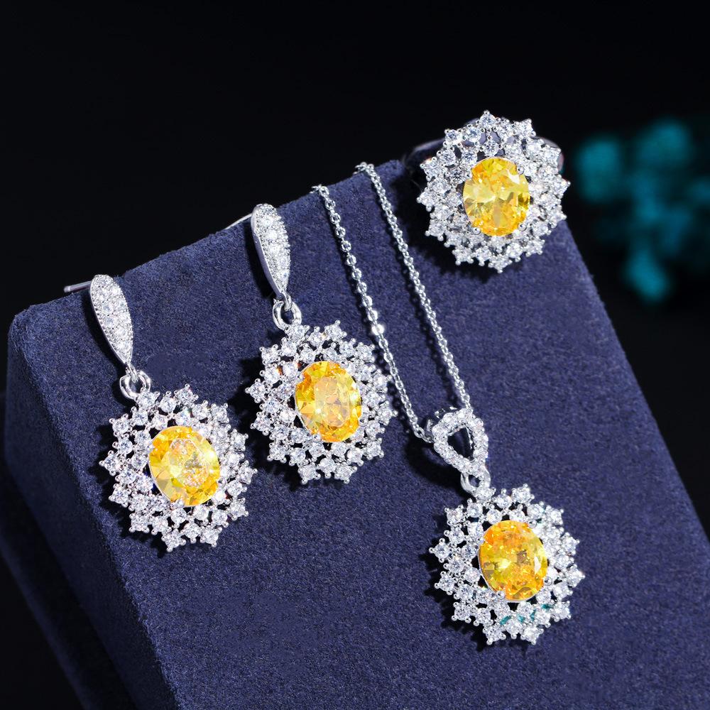 Necklace, Earrings, Ring, Ruby Three-Piece Chain, Micro-Zircon Popular Jewelry.