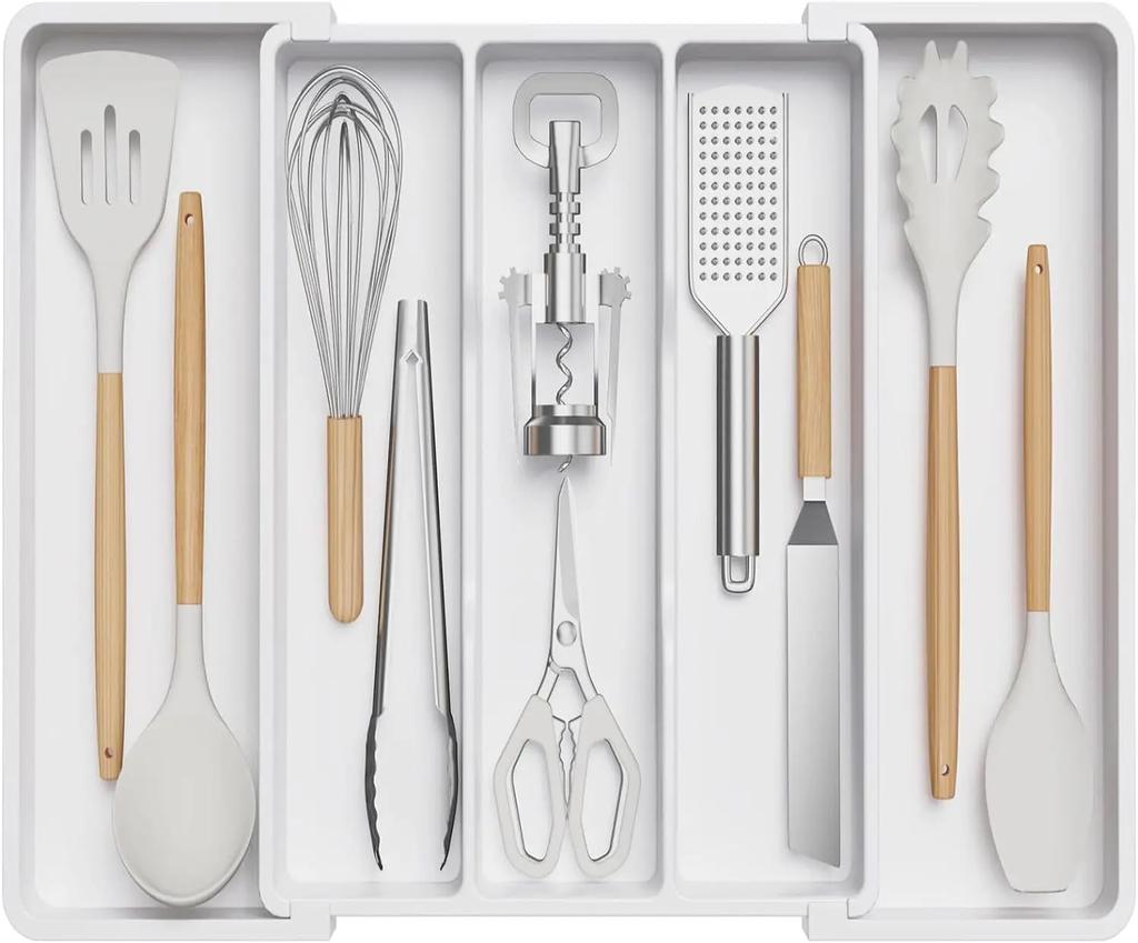 Tableware Storage Box with Expandable Desktop Drawer for Storing Knives, Forks, and Cutlery, Portable Partition and Organization