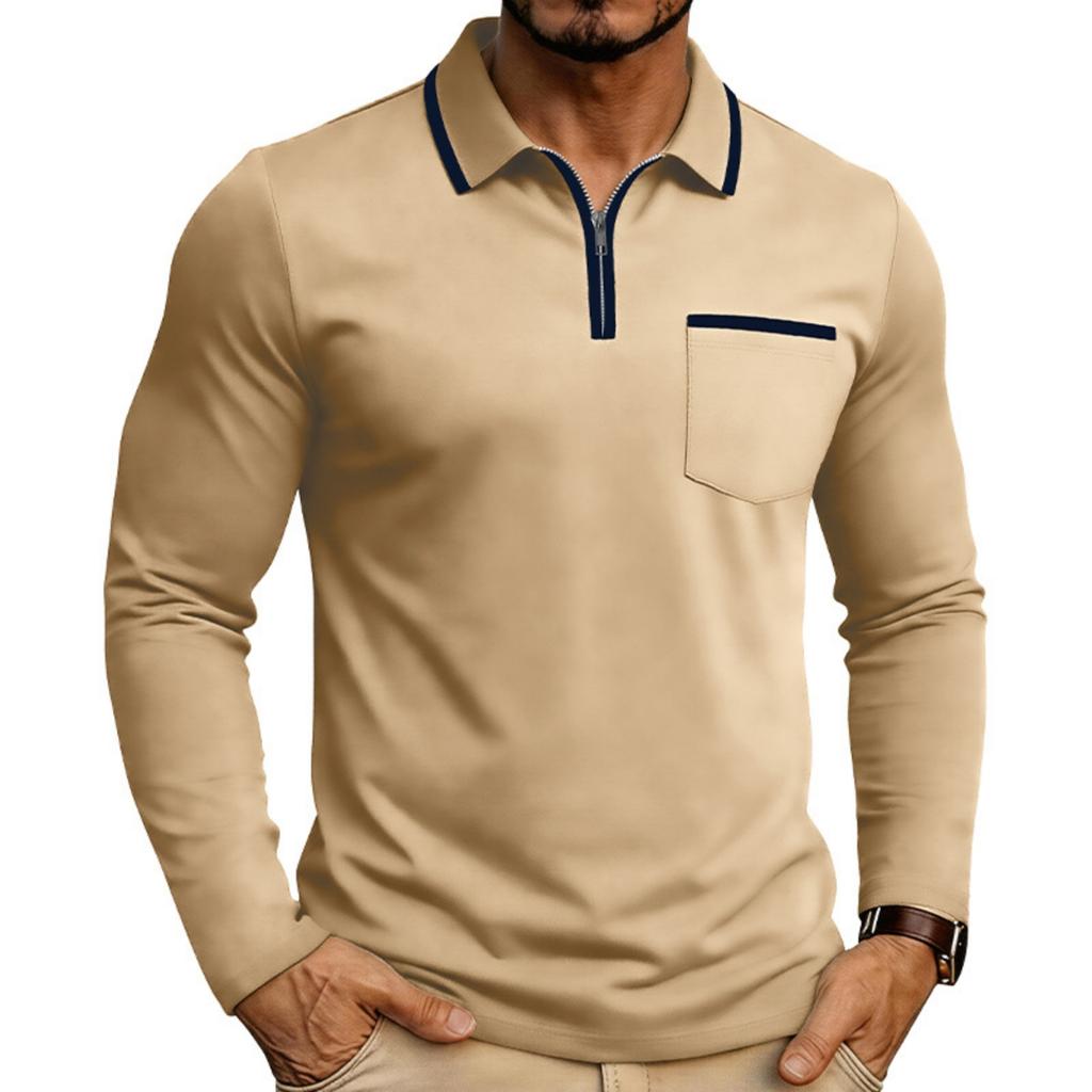 Men Long Sleeve Polo Shirt Zipper Collar Casual Slim Fit Top with Patch Pocket and Contrast Trim for Daily Wear