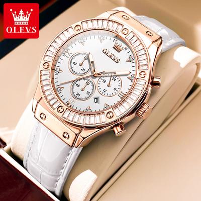 Modische Chronograph Quarz Uhr für Damen Lederarmband Wasserdicht Leuchtend Kalender Luxus Kristall Uhren Damen