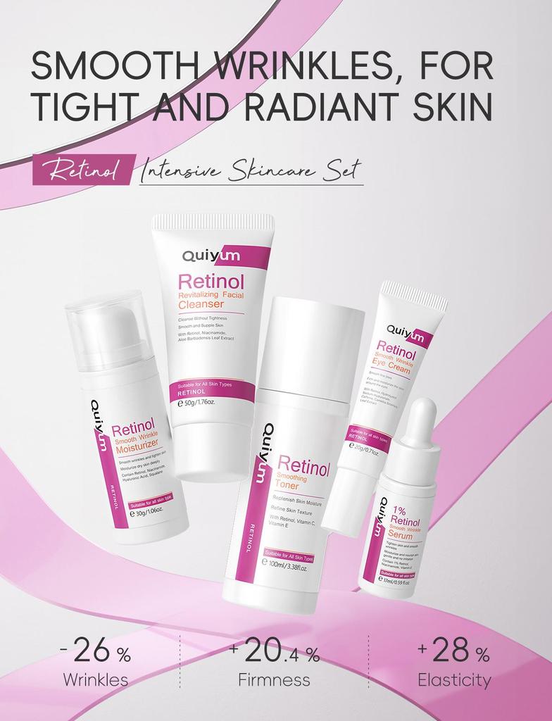 QUIYUM Retinol Hydrerende og Fuktighetsgivende Hudpleiesett – 5 Deler, FDA Godkjent