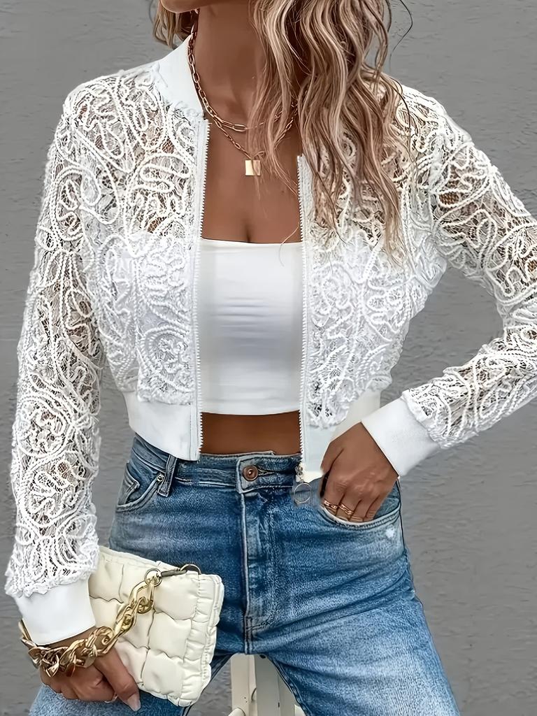 Spring Elegant Women's Lace Bend, Zipper Short Jacket Top Coat