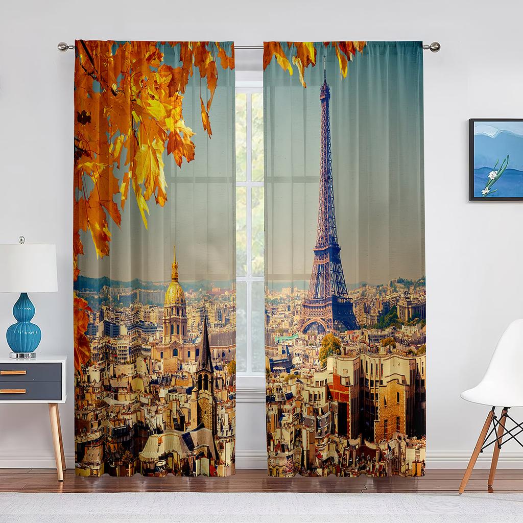 Paris Eiffel Tower Trees European City Landscape Voile Curtain Window Treatment Tulle Curtains for Living Room Sheer Curtains