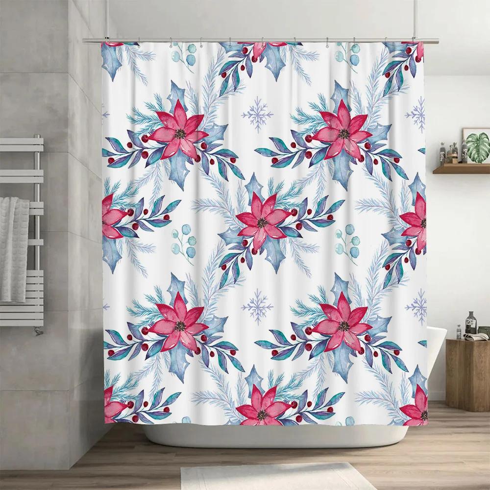 Watercolor Floral Shower Curtain Christmas Decor Pink Blue Flowers for Bathroom Polyester Fabric with Hook Rings Set