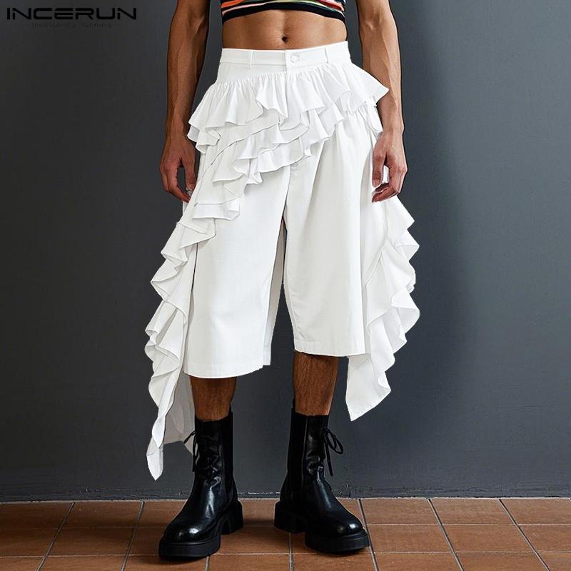 INCERUN Men Zipper Waist Irregular Ruffled Layers Casual Capri Pants