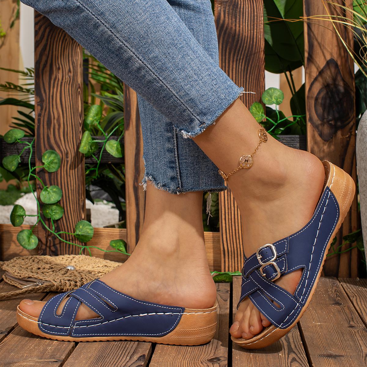 

Тапочки из пробки с пряжкой и плоским дном для мужчин и женщин, для отдыха на пляже, дома, подходящие по цвету, универсальные, летние, ленивые, с плоским дном 36 синий