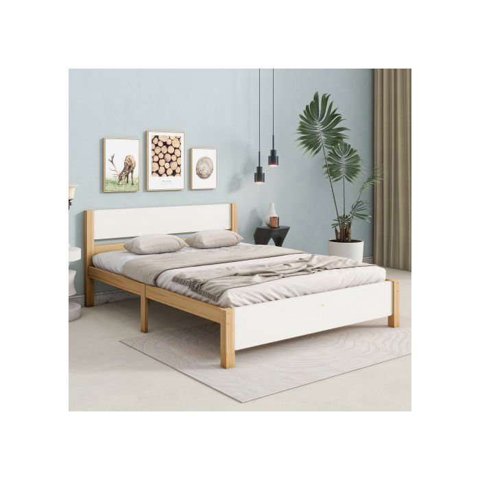 Double Bed - MUVOE - 140x200 Cm - Solid Wood - Headboard and Footboard In MDF - 15 Slatted Bases