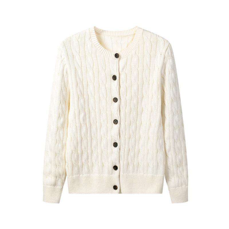 Pure Cotton Knitted Cardigan Jacket for Women, Autumn and Winter Crew Neck Retro Twisted Cotton Sweater