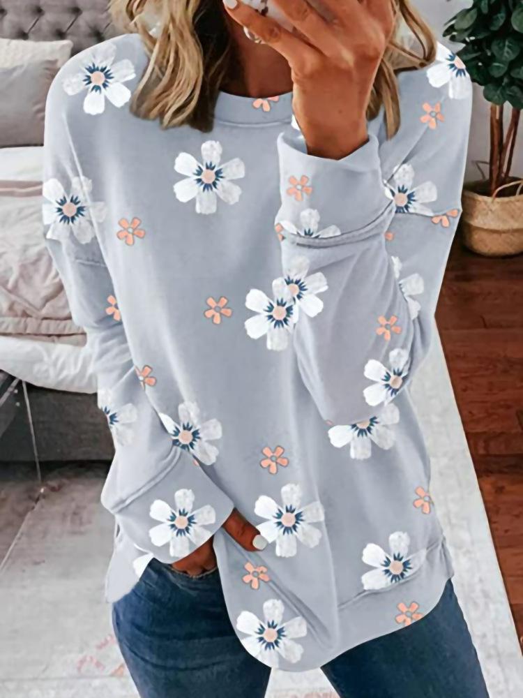 Lässiger Rundhals Langarm Lockerer Pullover Digital Bedruckt Damen Oberteile Sweatshirt Bequeme Passform Trendig Vielseitig für Frühling Herbst