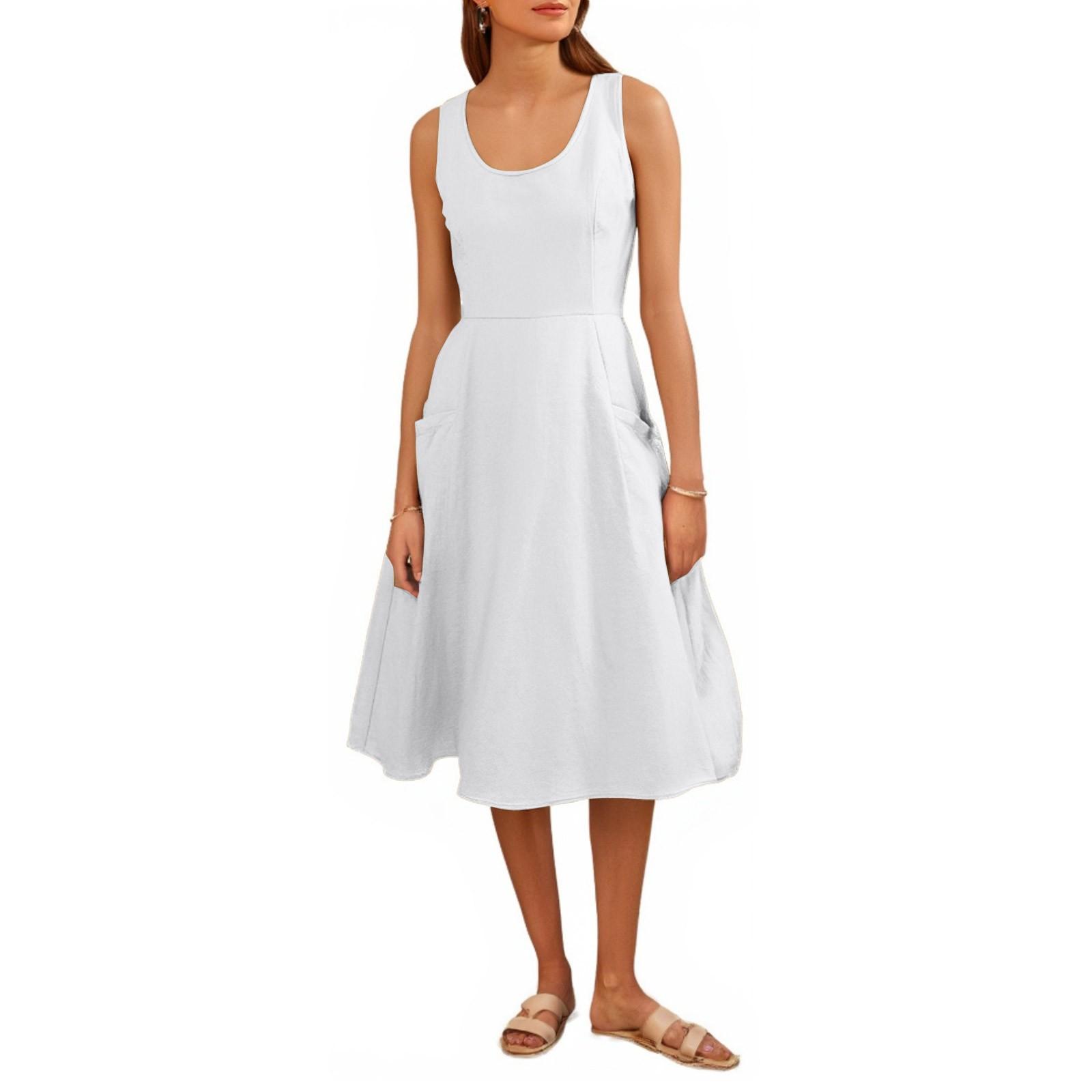 

Женские повседневные однотонные платья из хлопка с круглым вырезом без рукавов и карманами XL