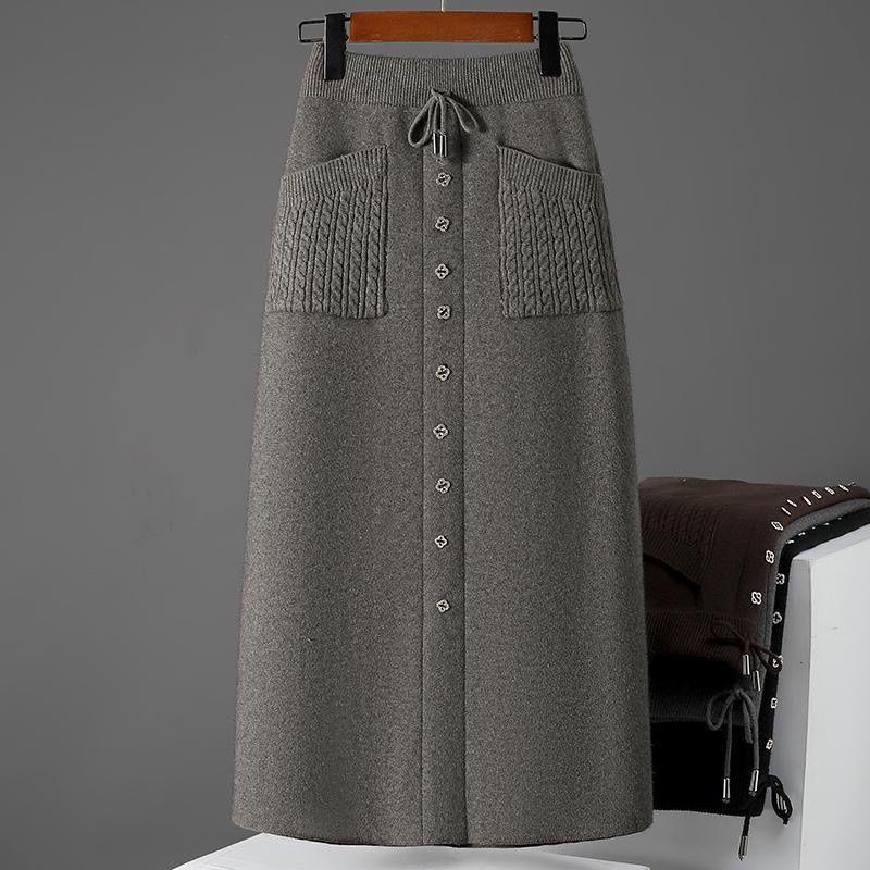 Knitted Skirt Women's Autumn and Winter New Temperament Elastic Wool Skirt High Waist A Line Mid-length Skirt