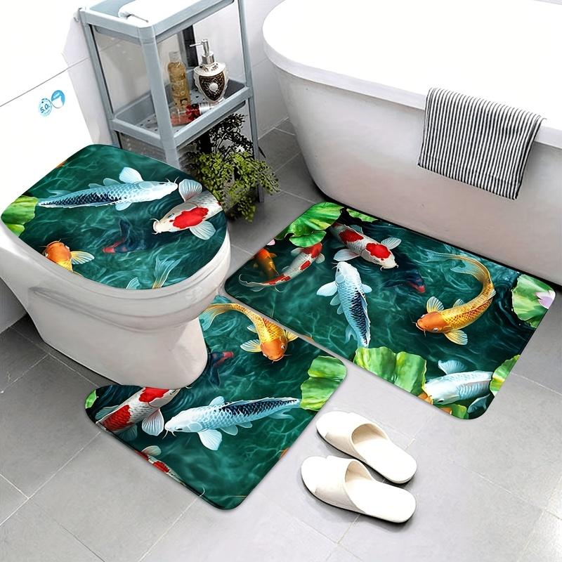 Koi Fish 3pcs Bathroom Mat Set - Non-Slip, Washable Floor Rugs for Kitchen, Bathroom & Bedroom Decor - Includes Bath Mat, Contou