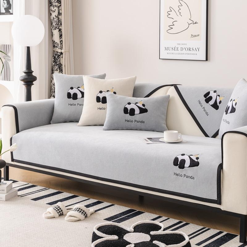 

Мягкий однотонный чехол для дивана из синели для гостиной, роскошный чехол для дивана с вышивкой панды, современное универсальное нескользящее полотенце для дивана 70x70