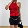 Women  Halter Cami Top – Ruched Peplum Crop Top , Sleeveless Summer Y2K Going Out Top