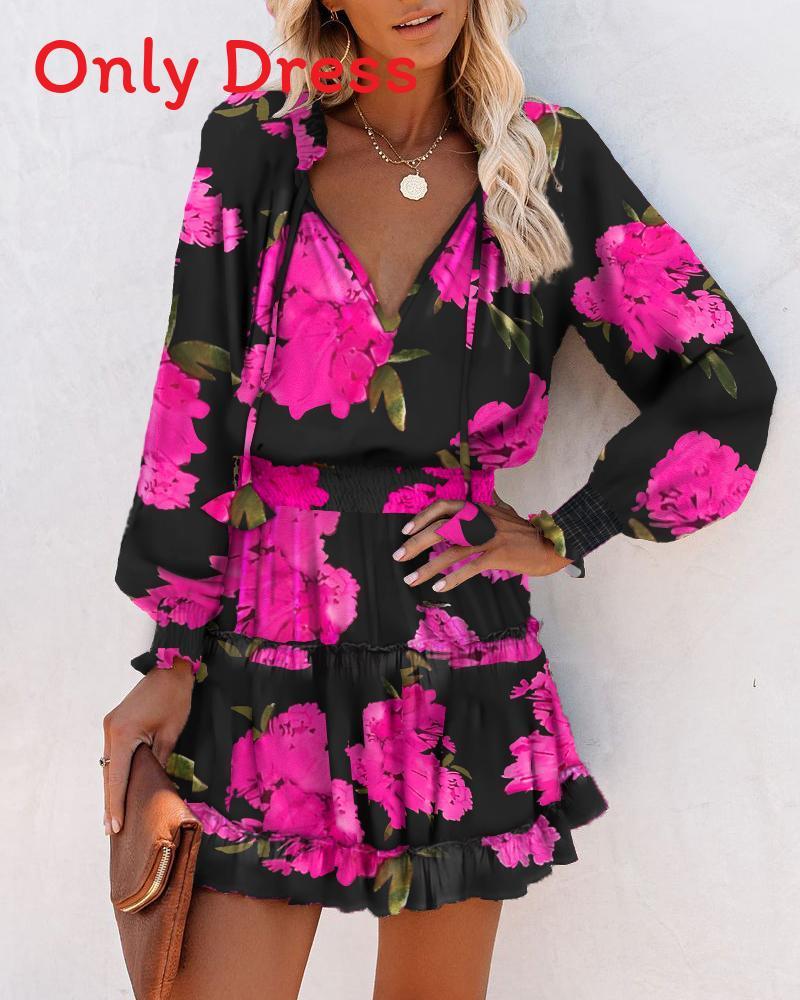 Abito Lungo con Stampa Floreale, Scollo a V, Maniche Lunghe e Orlo Arricciato per Moda Donna Primavera Estate