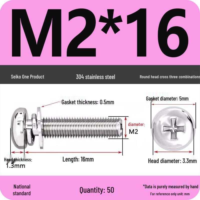 304 Stainless Steel Round Head Phillips Screw with Flat Washer (Sizes M3, M4, M5, M6)