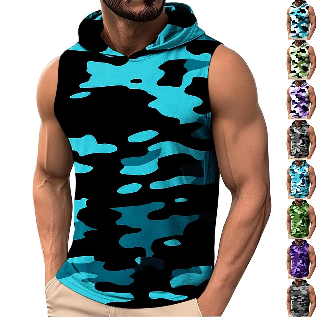 Men's Casual Fashion Printed Sleeveless Hooded Tops | Lightweight Summer Hooded Tank Tops