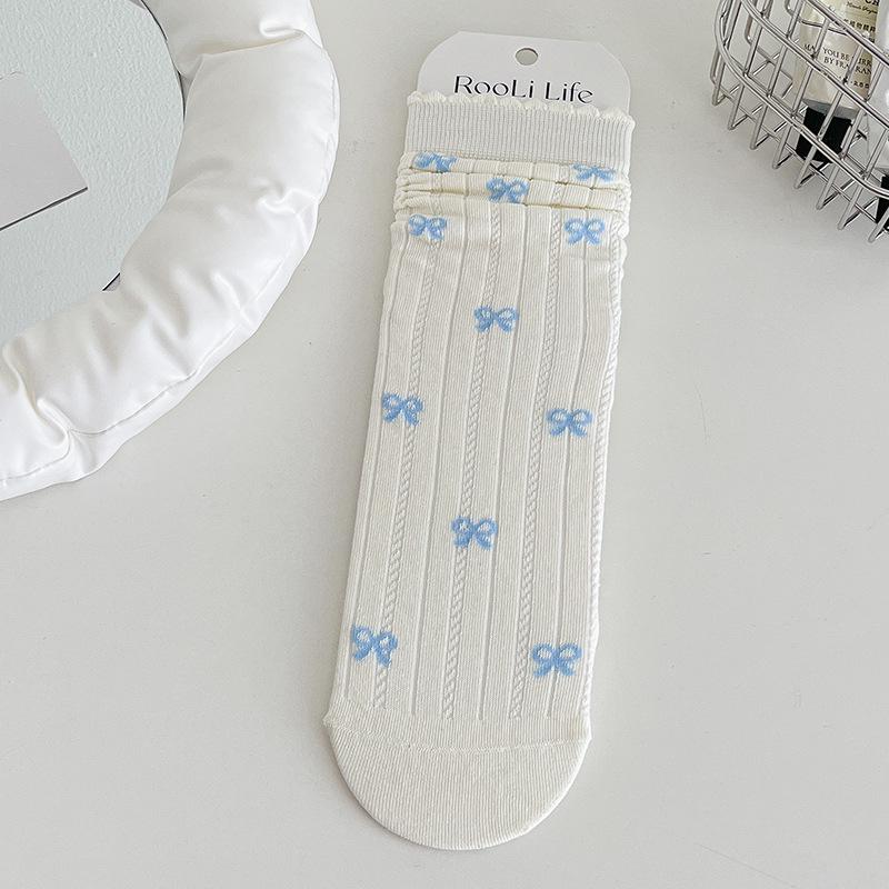 Women's Gray Lace Bow Mid-Calf Cotton Socks - Cute, Thin, Sweat-Absorbent, Boneless Design