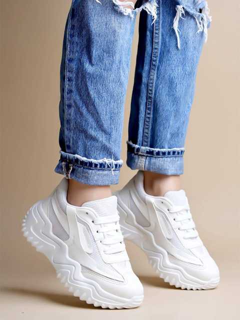 Chunky Platform Sneakers for Women Colorblock || Lace-Up Athletic Shoes with Wavy Sole Design Casual and Party