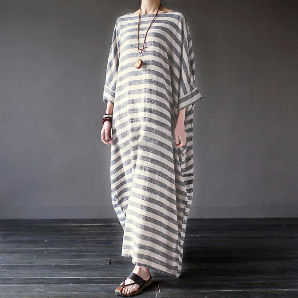 Damen Baumwolle Leinen Gestreiftes Kleid Sommer Locker Große Größe 4XL 5XL Maxikleid Robe Femme Lässig Lang Boho Kaftan Muslimisches Kleid