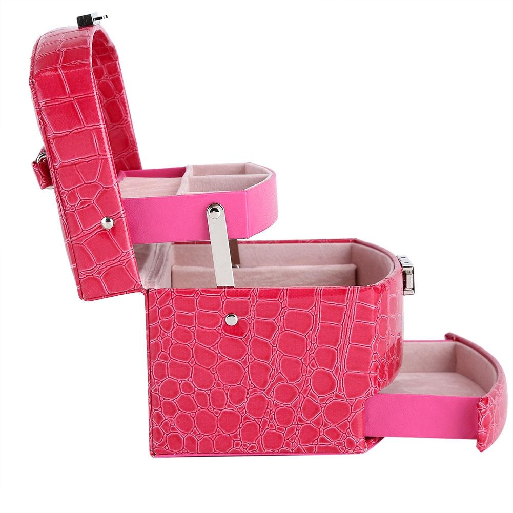 Portable Jewelry Box Storage Multi Layer Organizer Case Ring Earring Necklace Mirror (Rose Red)