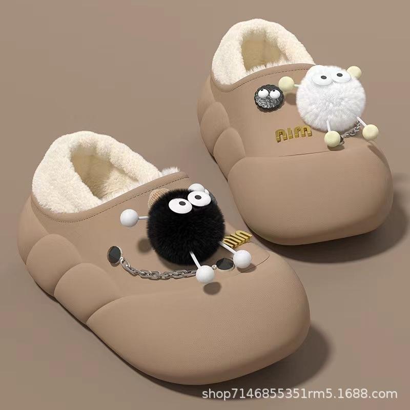 Straps Big Eyes Eva Platform Cotton Slippers Cute Winter Plush Warm Non-slip Cotton Shoes Bag Heel