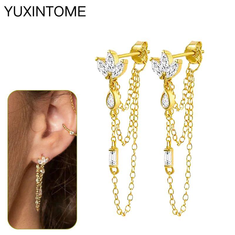 925 Silbernadel Exquisite Weiße Zirkon Steckerohrringe für Damen Geometrische Lange Kette Quaste Ohrringe Luxuriöser Schmuck